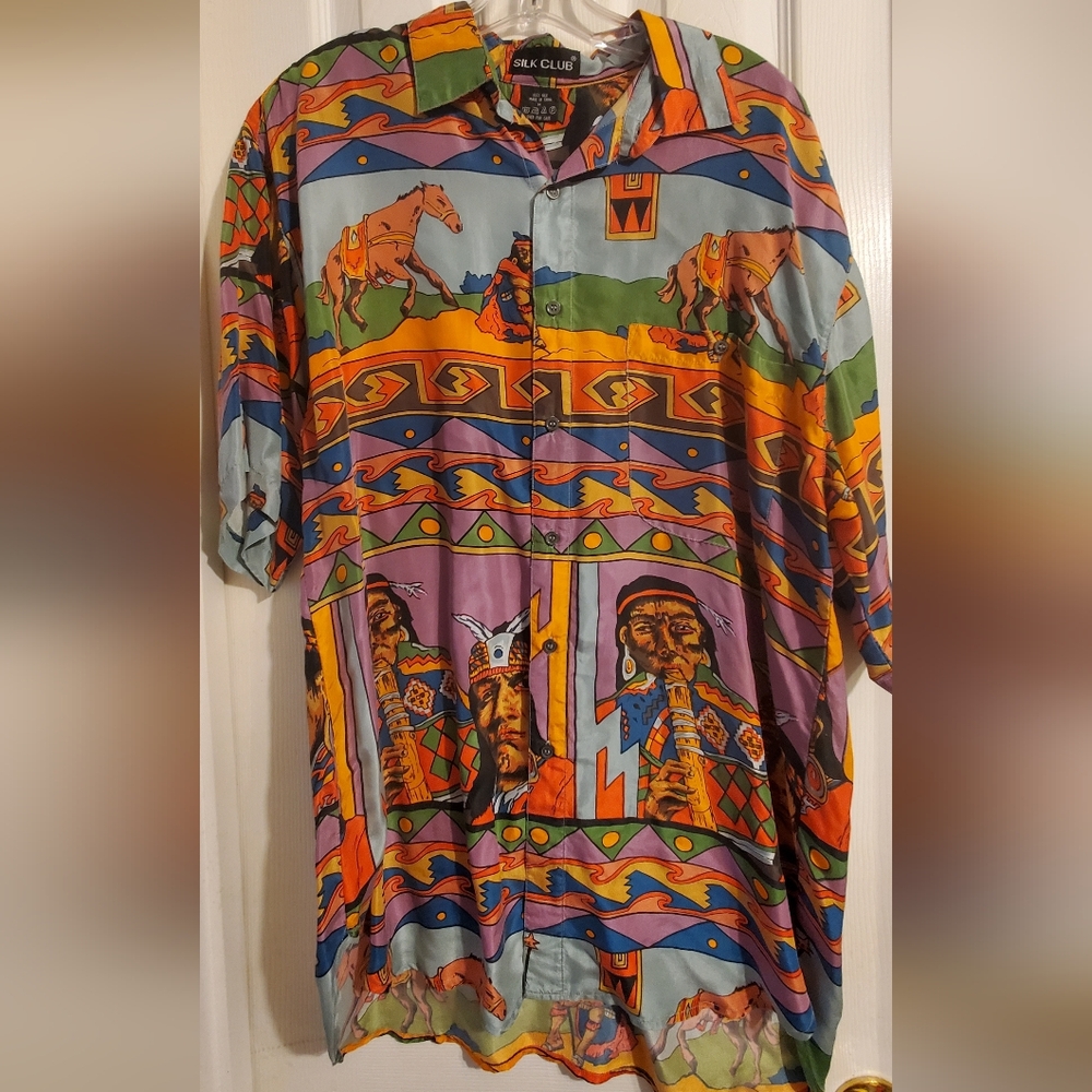 90s Vintage Silk Club Mens Button Down Shirt Size Medium 100% Silk